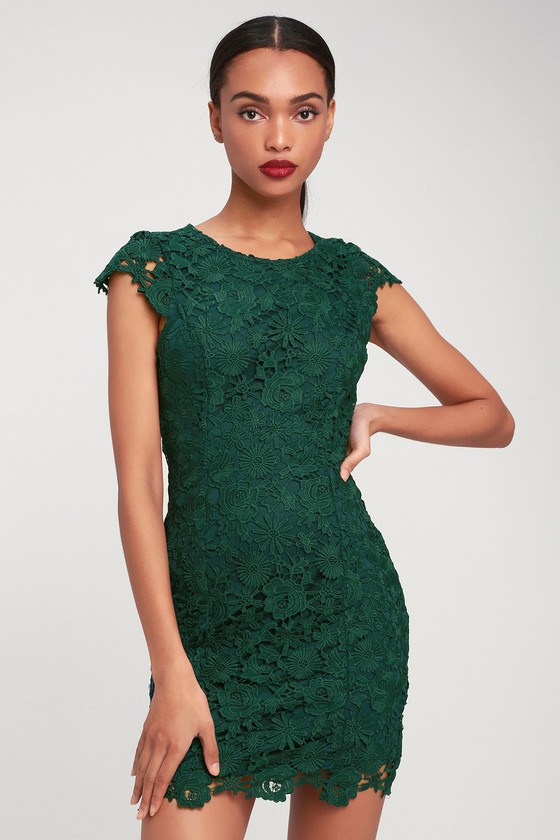 Chic Dark Green Lace Dress - Backless ...